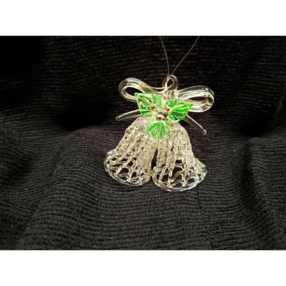 Vintage Spun Glass Christmas Bell Ornament Holly Bow Clear Green Red 2.5